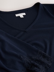 Navy Lace Detail Cosy Ribbed Long Sleeve Pyjamas - Image 9 of 10