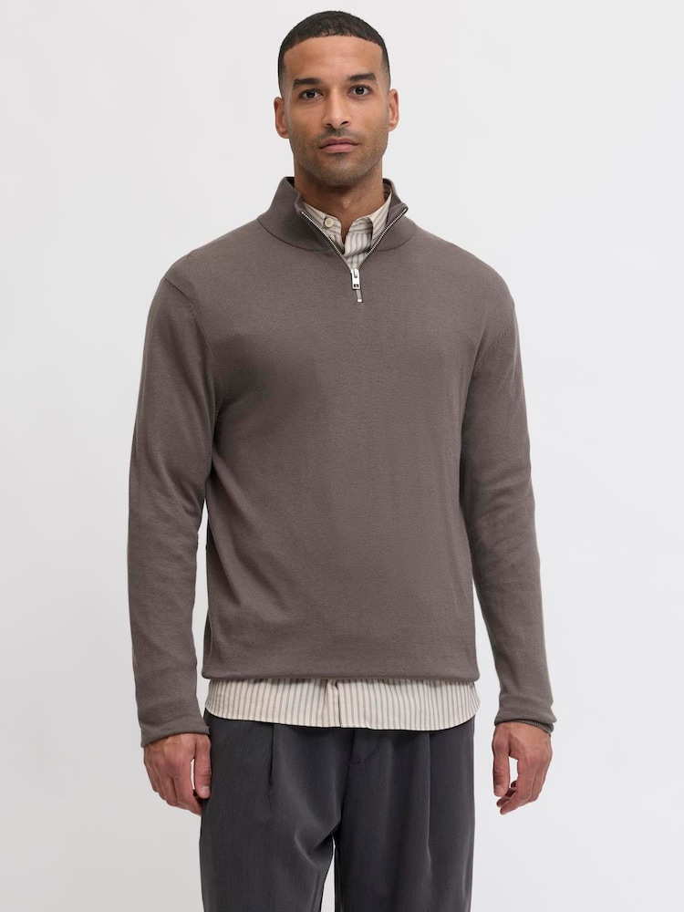 JACK & JONES Grey Emil Half Zip Jumper - Image 1 of 5 JACK & JONES Grey Emil Half Zip Jumper - Image 1 of 5