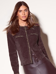 Friends Like These Chocolate Brown Embellished Eyelash Cardigan - Image 1 of 6