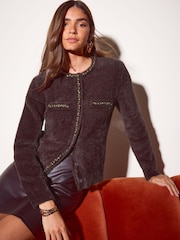 Friends Like These Chocolate Brown Embellished Eyelash Cardigan - Image 2 of 6