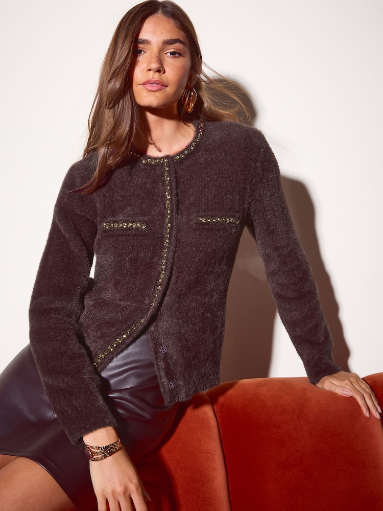 Friends Like These Chocolate Brown Embellished Eyelash Cardigan - Image 2 of 6