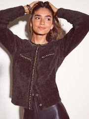Friends Like These Chocolate Brown Embellished Eyelash Cardigan - Image 5 of 6