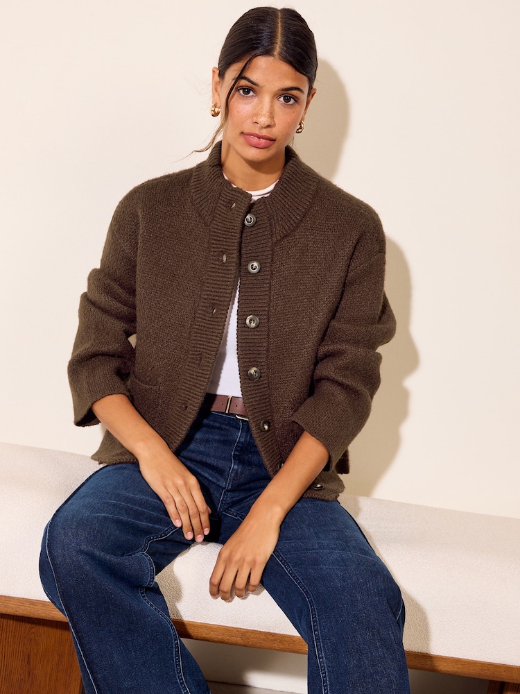 Friends Like These Neutral Knitted Bomber Cardigan - Image 1 of 5