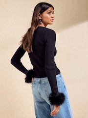 Itim - Friends Like These Fur Trim Cardigan - Larawan 6 ng 6