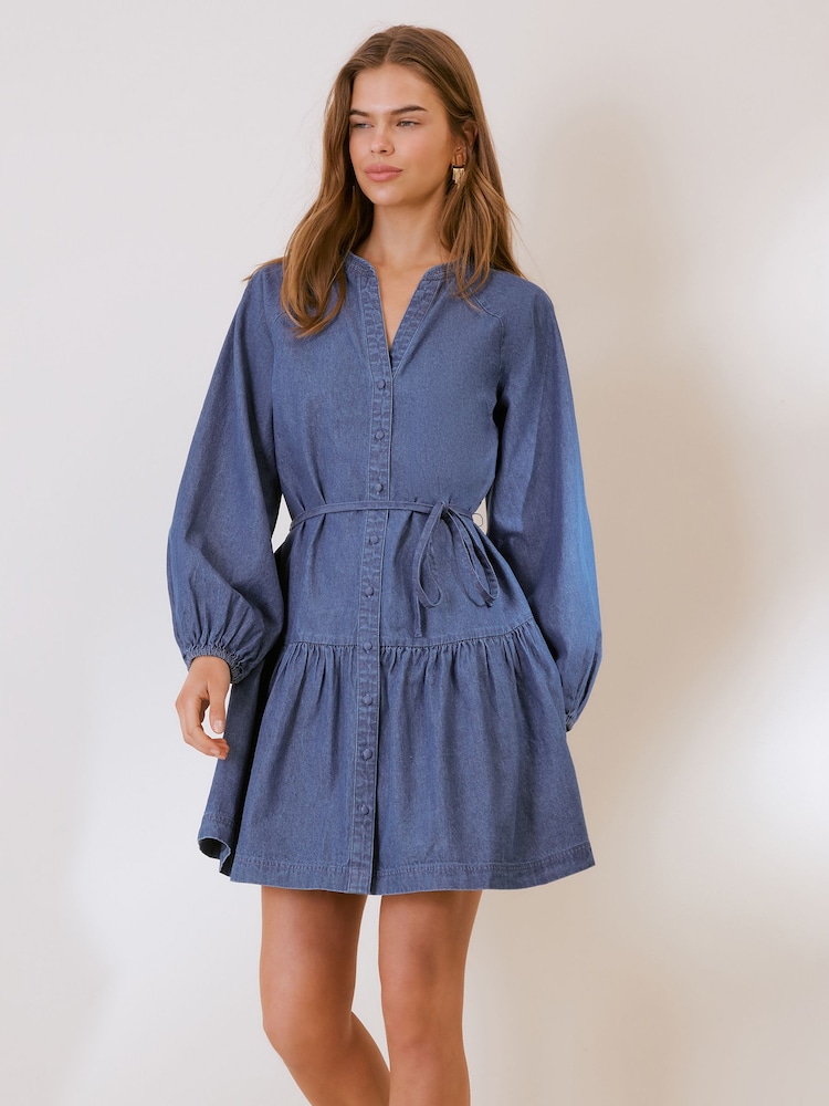 Friends Like These Mid Wash Tie Waist Lightweight Denim Mini Dress - Image 1 of 4