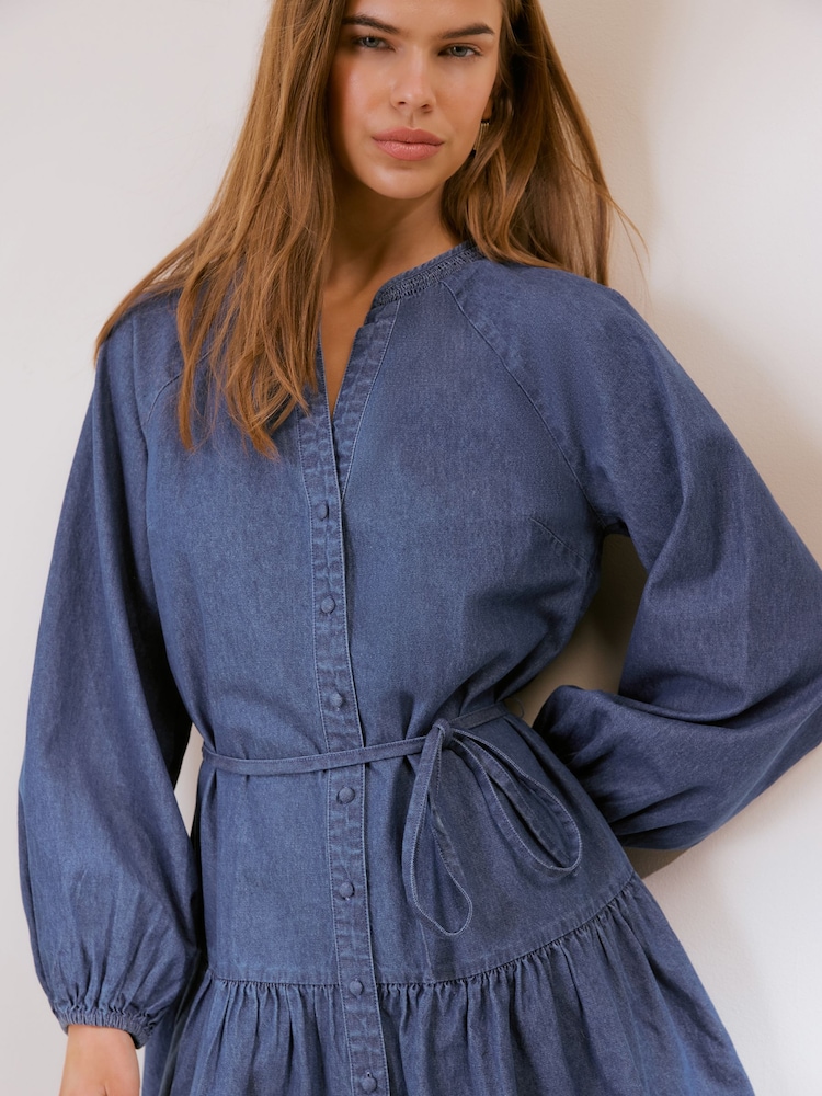 Friends Like These Mid Wash Tie Waist Lightweight Denim Mini Dress - Image 2 of 4