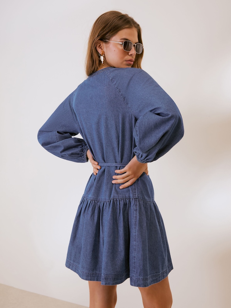 Friends Like These Mid Wash Tie Waist Lightweight Denim Mini Dress - Image 4 of 4
