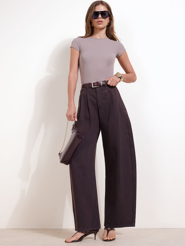 Friends Like These Berry Red High Waisted Pleated Wide Leg Barrel Denim Jeans - Image 1 of 5 Friends Like These Berry Red High Waisted Pleated Wide Leg Barrel Denim Jeans - Image 1 of 5