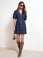 Friends Like These Dark Wash V-neck Short Sleeve Button Through Denim Mini Dress - Image 1 of 4
