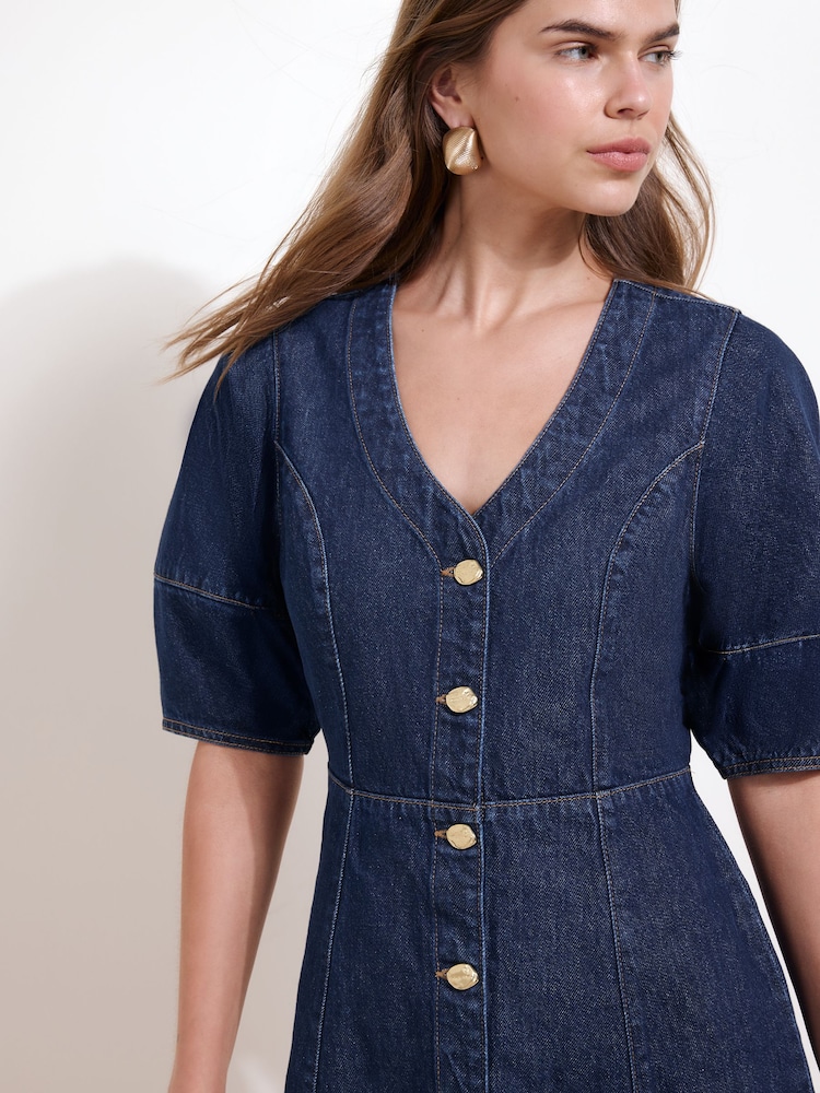 Friends Like These Dark Wash V-neck Short Sleeve Button Through Denim Mini Dress - Image 2 of 4