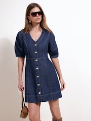 Friends Like These Dark Wash V-neck Short Sleeve Button Through Denim Mini Dress - Image 3 of 4