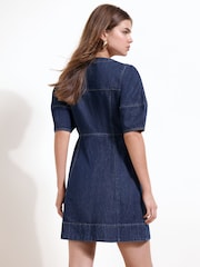 Friends Like These Dark Wash V-neck Short Sleeve Button Through Denim Mini Dress - Image 4 of 4