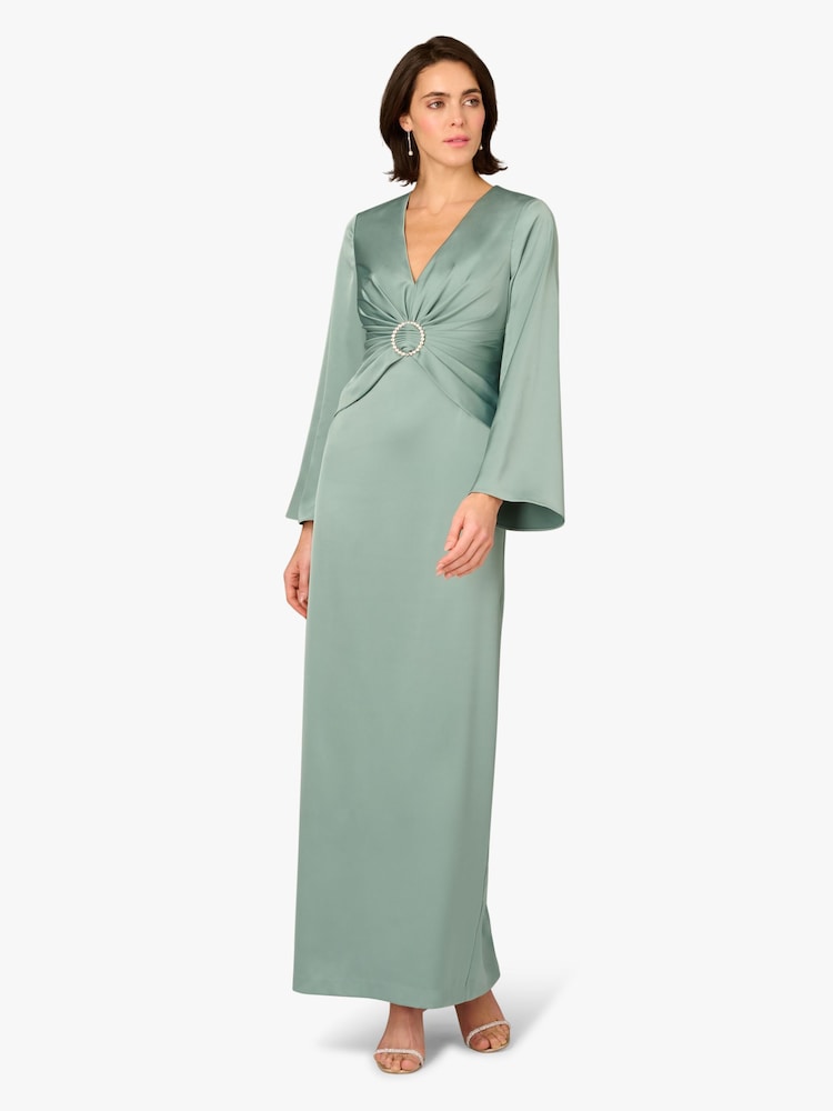 Adrianna Papell Green Aidan Mattox Satin Long Dress - Image 1 of 6 Adrianna Papell Green Aidan Mattox Satin Long Dress - Image 1 of 6