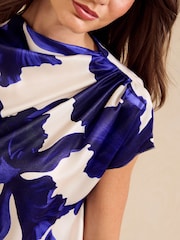 Friends Like These Blue Floral Print Satin Drape Neck Blouse - Image 2 of 5