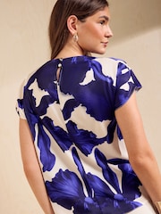 Friends Like These Blue Floral Print Satin Drape Neck Blouse - Image 5 of 5