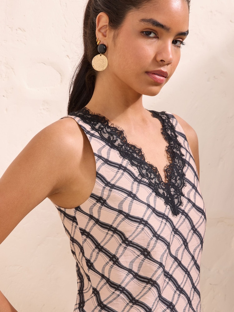 Friends Like These Beige Check Print Lace Assym Cami - Image 2 of 5