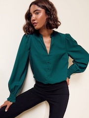 Friends Like These Teal Long Sleeve Tie Neck Blouse With Shirred Cuffs - Image 1 of 5