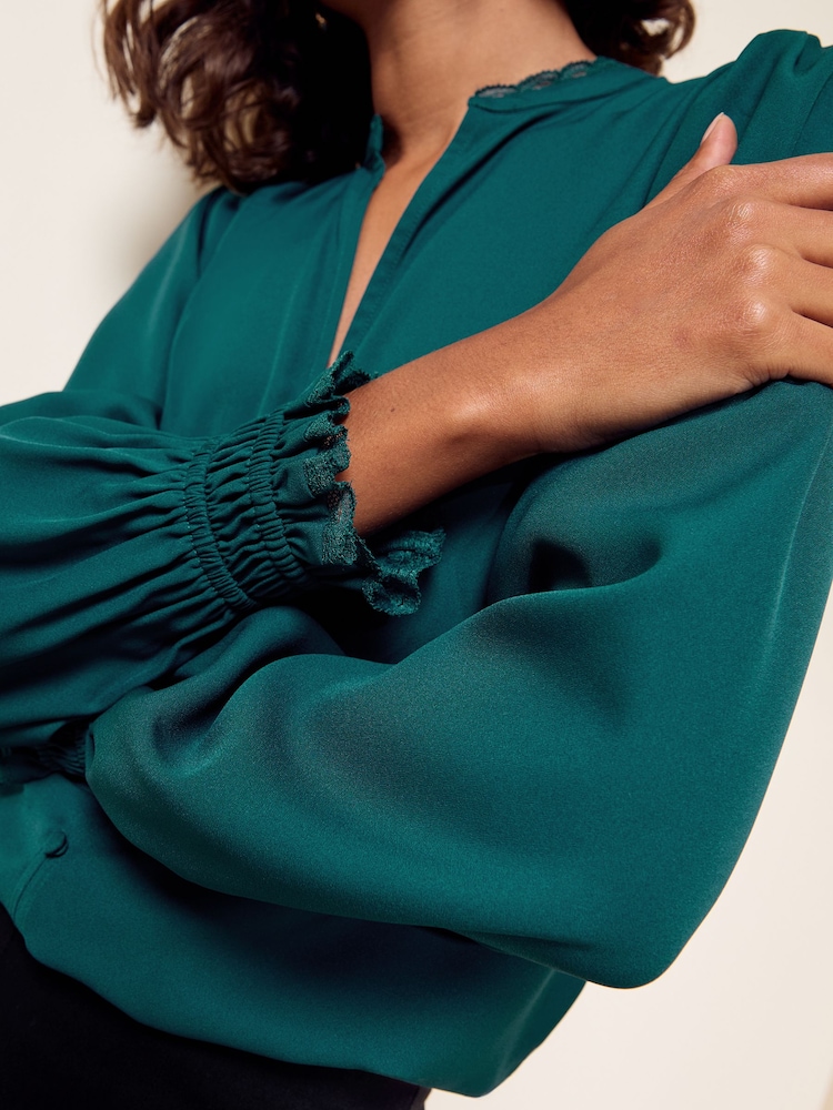 Friends Like These Teal Long Sleeve Tie Neck Blouse With Shirred Cuffs - Image 2 of 5
