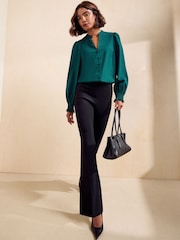 Friends Like These Teal Long Sleeve Tie Neck Blouse With Shirred Cuffs - Image 3 of 5