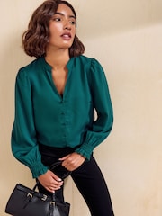 Friends Like These Teal Long Sleeve Tie Neck Blouse With Shirred Cuffs - Image 4 of 5