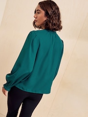 Friends Like These Teal Long Sleeve Tie Neck Blouse With Shirred Cuffs - Image 5 of 5