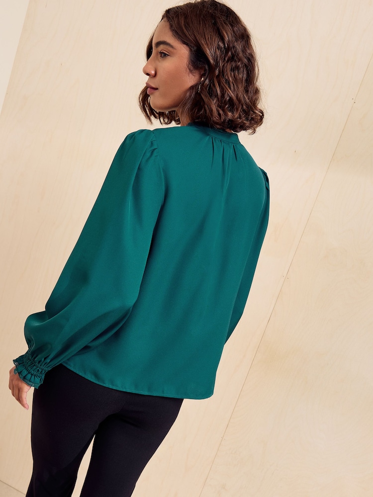 Friends Like These Teal Long Sleeve Tie Neck Blouse With Shirred Cuffs - Image 5 of 5