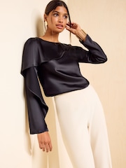 Friends Like These Black Long Sleeve Satin Drape Blouse - Image 1 of 5
