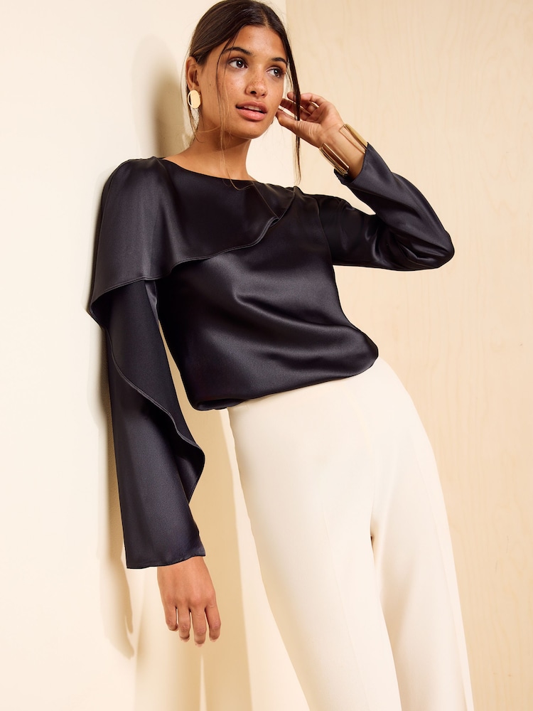 Friends Like These Black Long Sleeve Satin Drape Blouse - Image 1 of 5