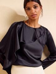 Friends Like These Black Long Sleeve Satin Drape Blouse - Image 2 of 5