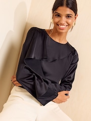 Friends Like These Black Long Sleeve Satin Drape Blouse - Image 4 of 5