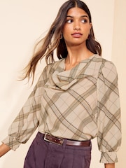 Friends Like These Cream Check Cowl Neck Shirred Cuff Blouse - Image 1 of 5
