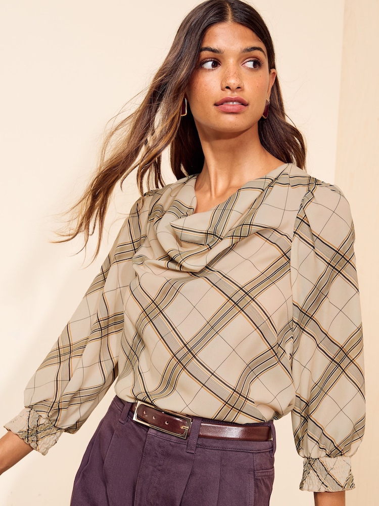 Friends Like These Cream Check Cowl Neck Shirred Cuff Blouse - Image 1 of 5