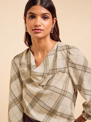 Friends Like These Cream Check Cowl Neck Shirred Cuff Blouse - Image 2 of 5