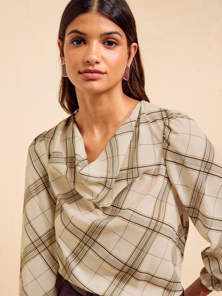 Friends Like These Cream Check Cowl Neck Shirred Cuff Blouse - Image 2 of 5