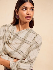 Friends Like These Cream Check Cowl Neck Shirred Cuff Blouse - Image 3 of 5