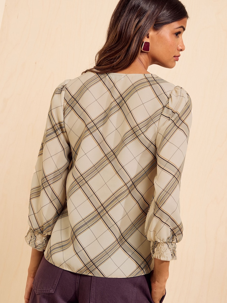 Friends Like These Cream Check Cowl Neck Shirred Cuff Blouse - Image 5 of 5