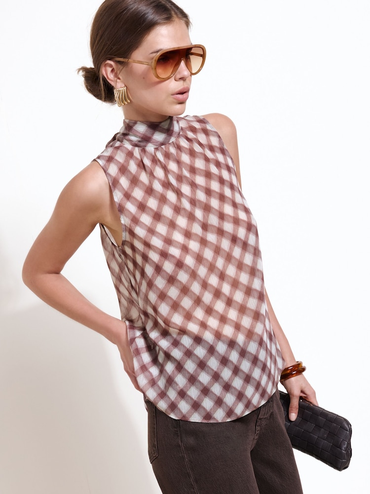 Friends Like These Check Print Sheer High Neck Tie Detail Blouse - Image 1 of 5