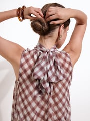 Friends Like These Check Print Sheer High Neck Tie Detail Blouse - Image 4 of 5