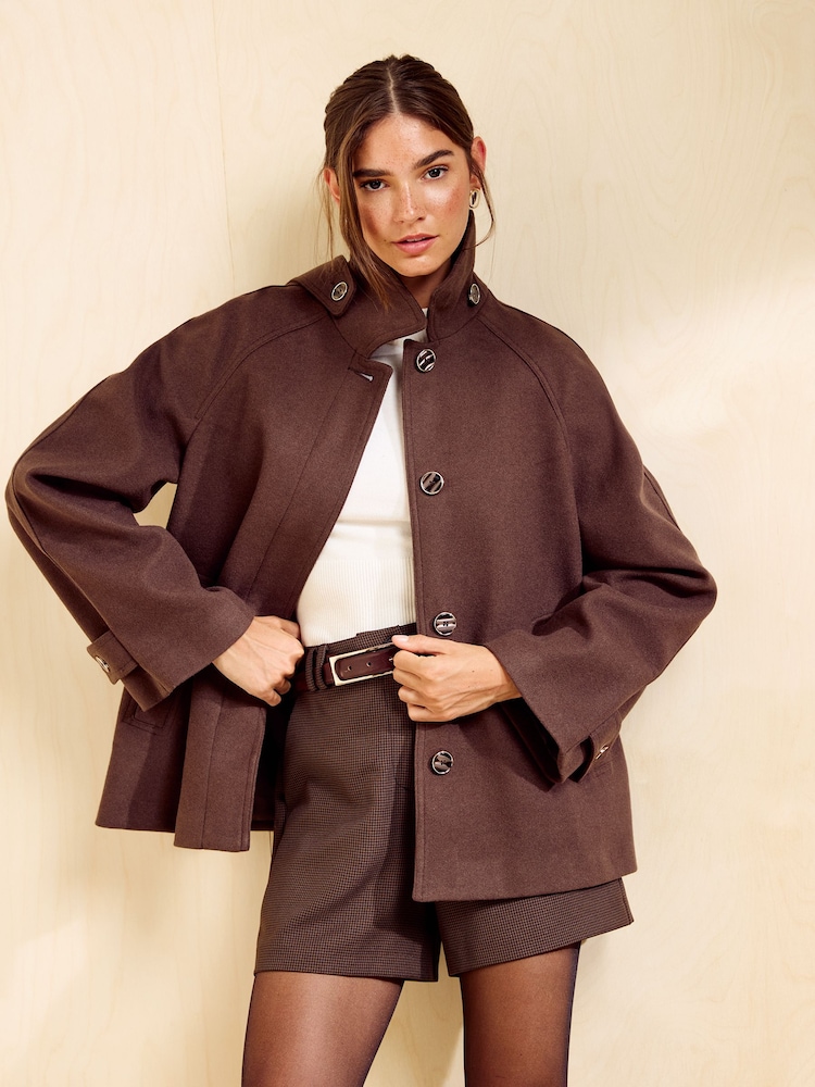 Friends Like These Chocolate Brown Short Cosy Funnel Swing Coat - Image 1 of 5