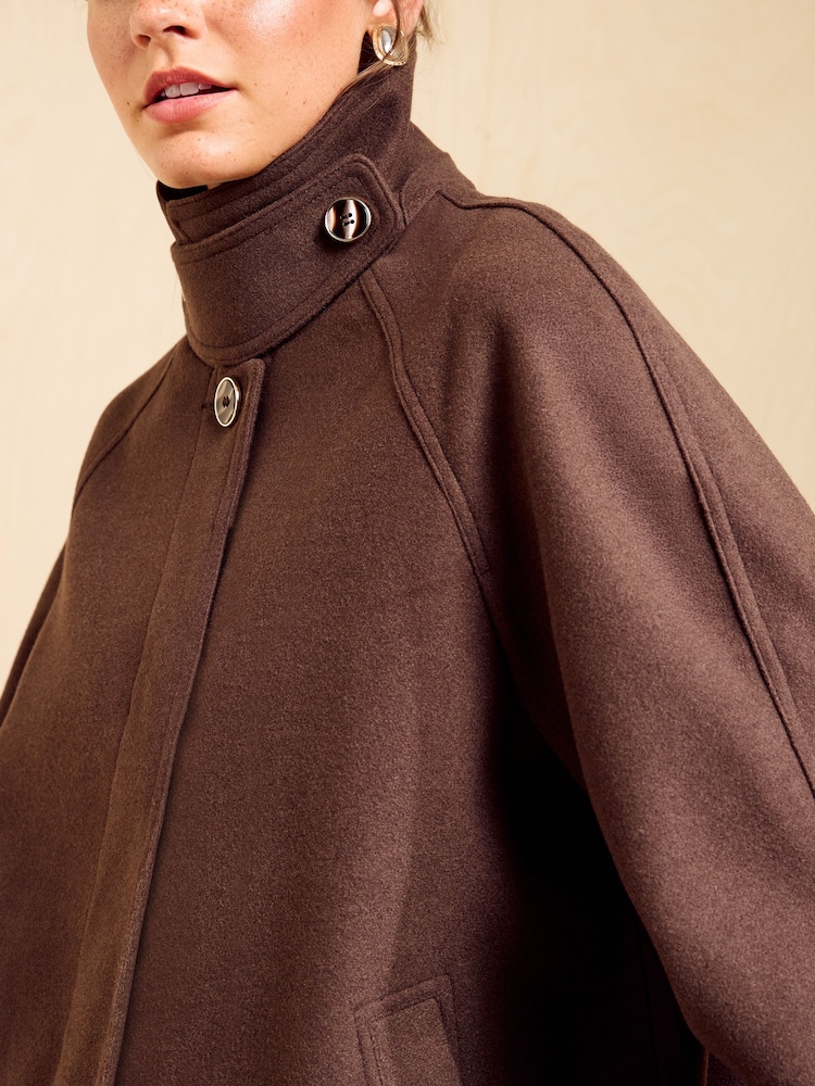 Friends Like These Chocolate Brown Short Cosy Funnel Swing Coat - Image 2 of 5