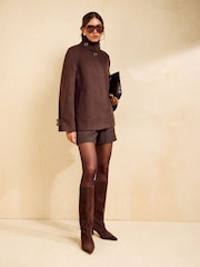 Friends Like These Chocolate Brown Short Cosy Funnel Swing Coat - Image 3 of 5