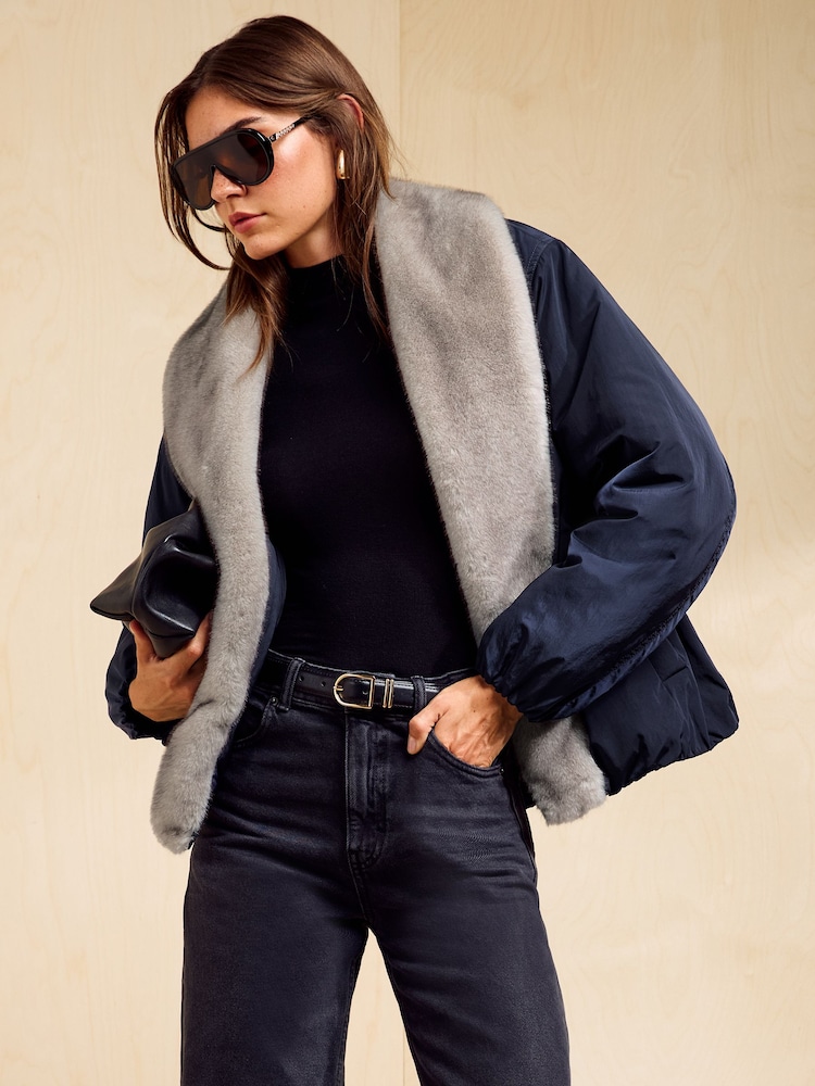 Friends Like These Navy Oversized Faux Fur Trim Padded Bomber Coat - Image 1 of 5 Friends Like These Navy Oversized Faux Fur Trim Padded Bomber Coat - Image 1 of 5