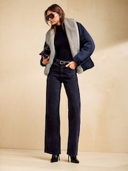 Friends Like These Navy Oversized Faux Fur Trim Padded Bomber Coat - Image 2 of 5