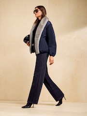 Friends Like These Navy Oversized Faux Fur Trim Padded Bomber Coat - Image 4 of 5