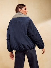 Friends Like These Navy Oversized Faux Fur Trim Padded Bomber Coat - Image 5 of 5