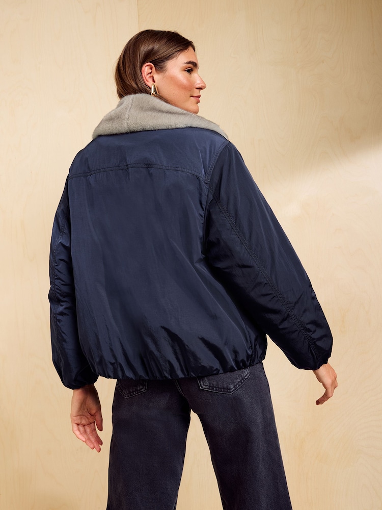 Friends Like These Navy Oversized Faux Fur Trim Padded Bomber Coat - Image 5 of 5 Friends Like These Navy Oversized Faux Fur Trim Padded Bomber Coat - Image 5 of 5