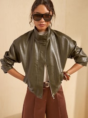 Friends Like These Olive Green Faux Leather Short Funnel Neck Jacket - Image 1 of 6