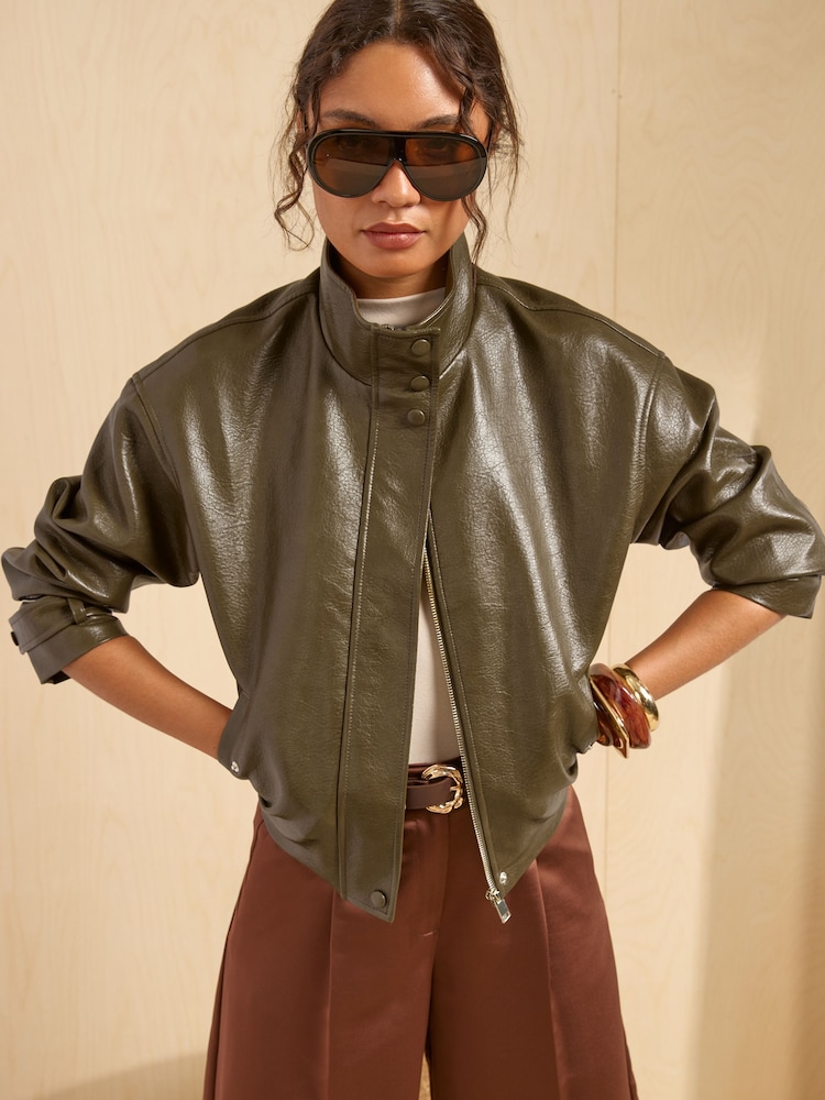 Friends Like These Olive Green Faux Leather Short Funnel Neck Jacket - Image 1 of 6 Friends Like These Olive Green Faux Leather Short Funnel Neck Jacket - Image 1 of 6