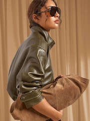 Friends Like These Olive Green Faux Leather Short Funnel Neck Jacket - Image 2 of 6