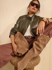 Friends Like These Olive Green Faux Leather Short Funnel Neck Jacket - Image 3 of 6